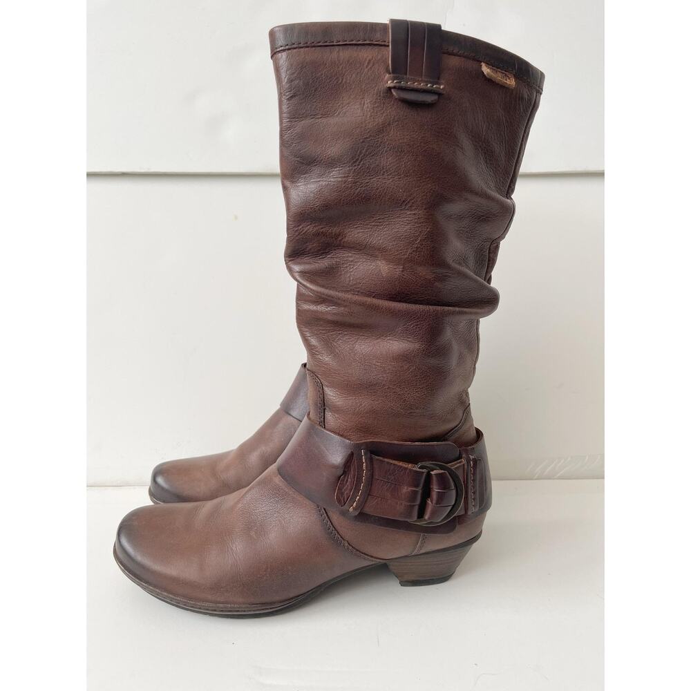 Pikolinos Boots Women (US 6.5–7) Brown Leather Mid Calf Buckle Zip Low Heel